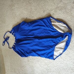 Cacique Swim Cobalt Blue Halter with Padded Bra No Wire One Piece Swimsuit Sz 28